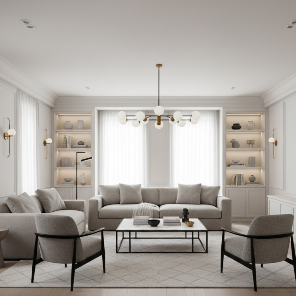 Cozy Scandinavian living room with layered lighting and soft neutral textures