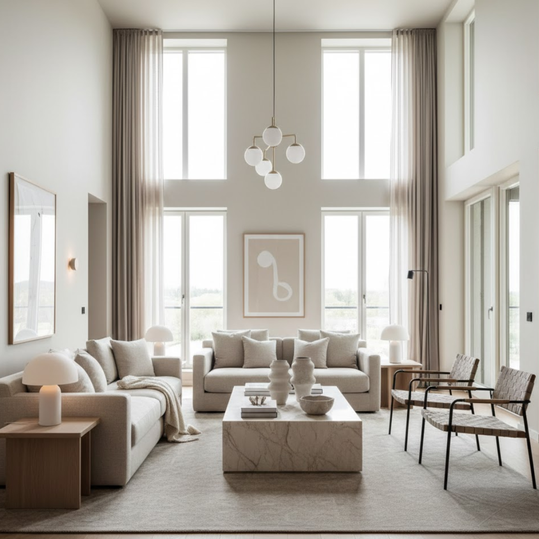 Scandinavian luxury living room decor with layered textures, marble surfaces, and sculptural lighting