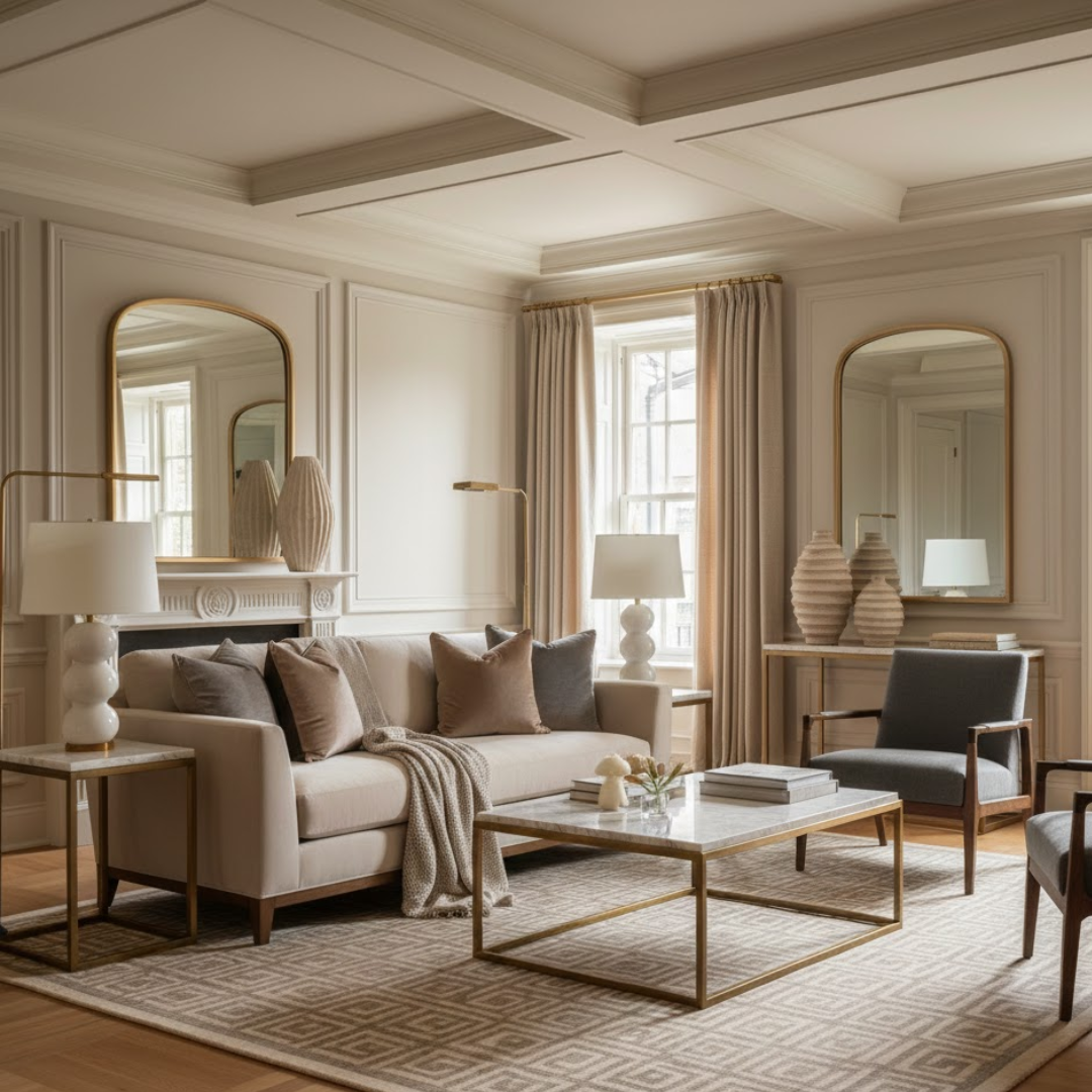 Luxury transitional living room colour palette featuring warm neutrals and soft layered tones