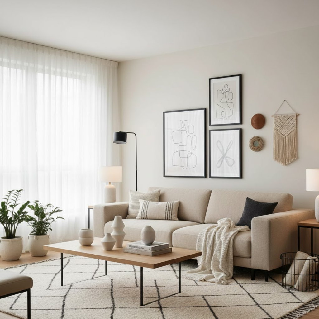 Layered textiles in a modern bohemian living room including cushions, woven throws, and natural textures.