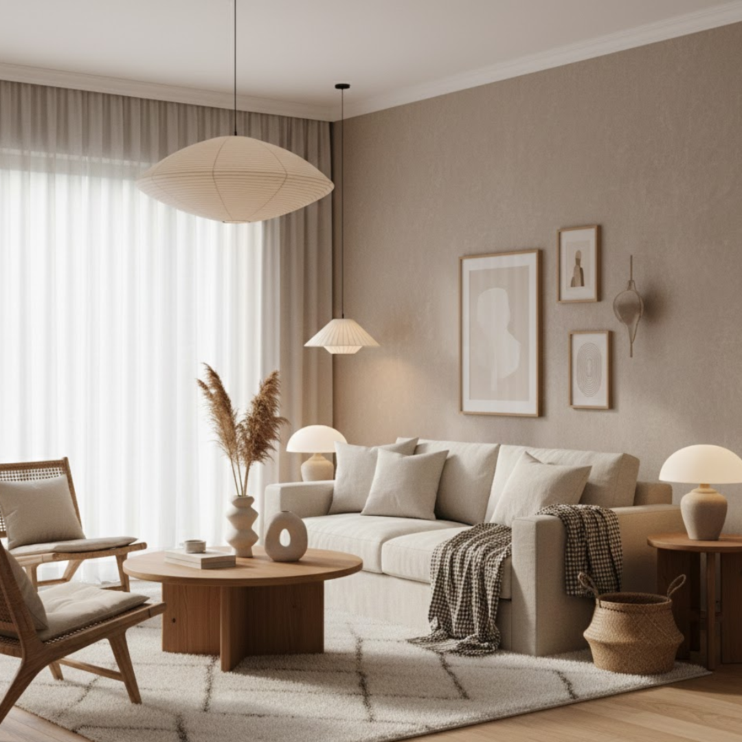 Modern Japandi Boho living room decor with linen textiles, ceramic accents, and organic textures