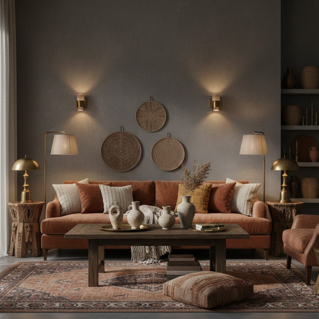 Moody bohemian living room with patterned rug, wood coffee table, and warm lighting.