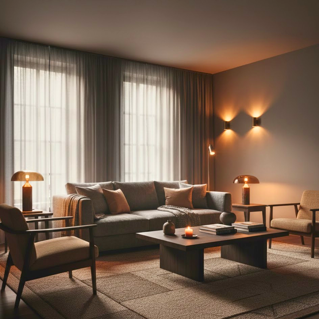 Moody and Intimate Warm modern living room furniture with low-profile sofa and natural wood finishes