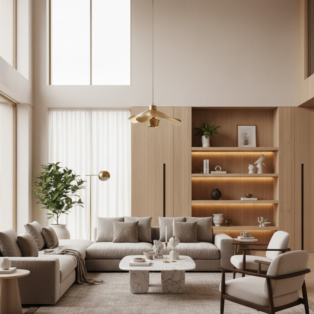 Organic modern luxury living room with low-profile sofa, marble coffee table, and clean-lined furniture