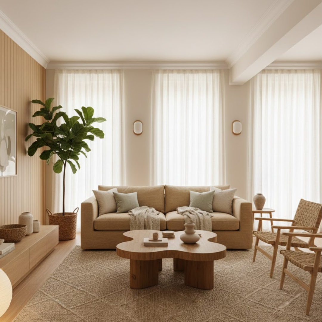 Organic modern transitional living room decor with layered textiles and understated accessories