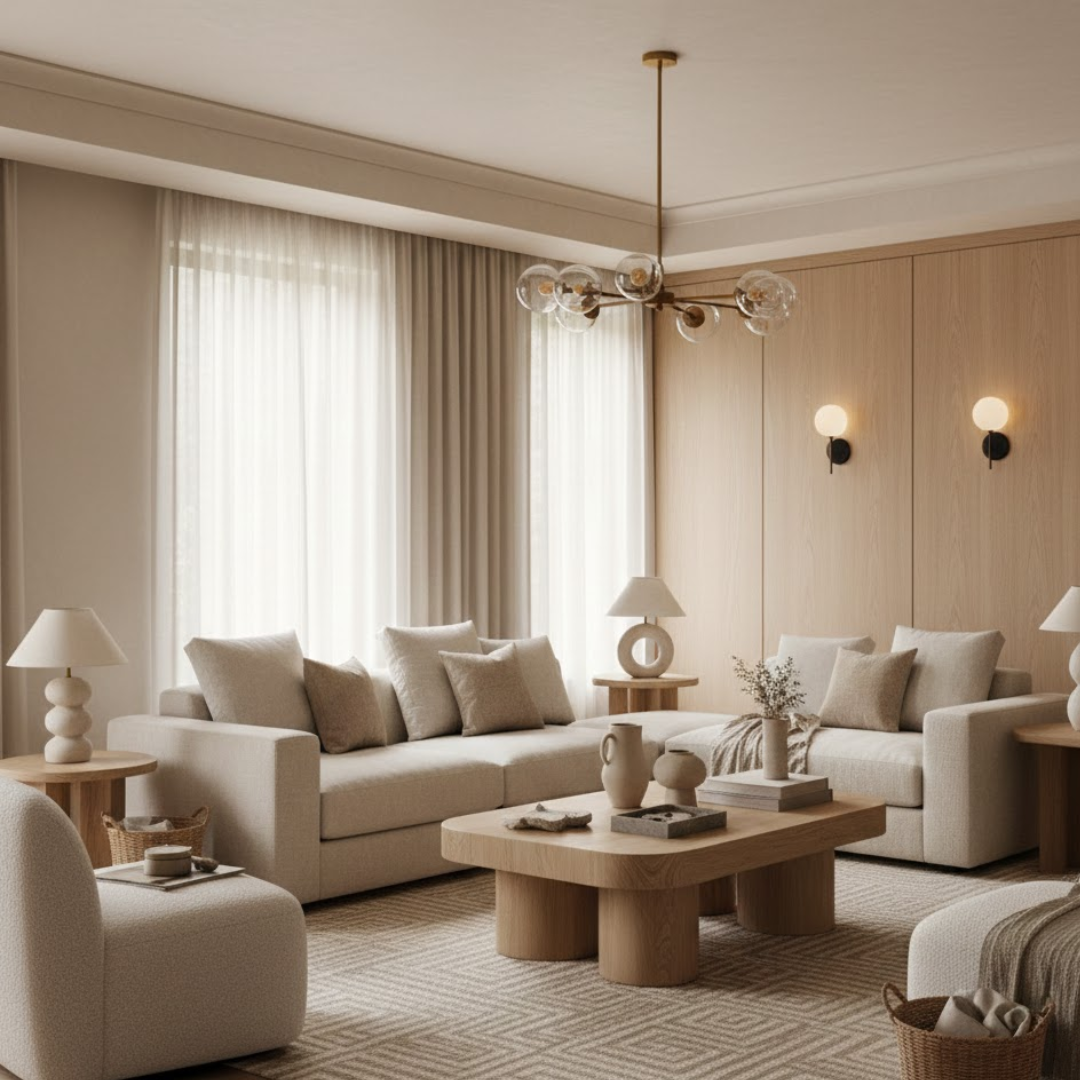 Organic Warm modern living room decor with woven textiles and ceramic accents