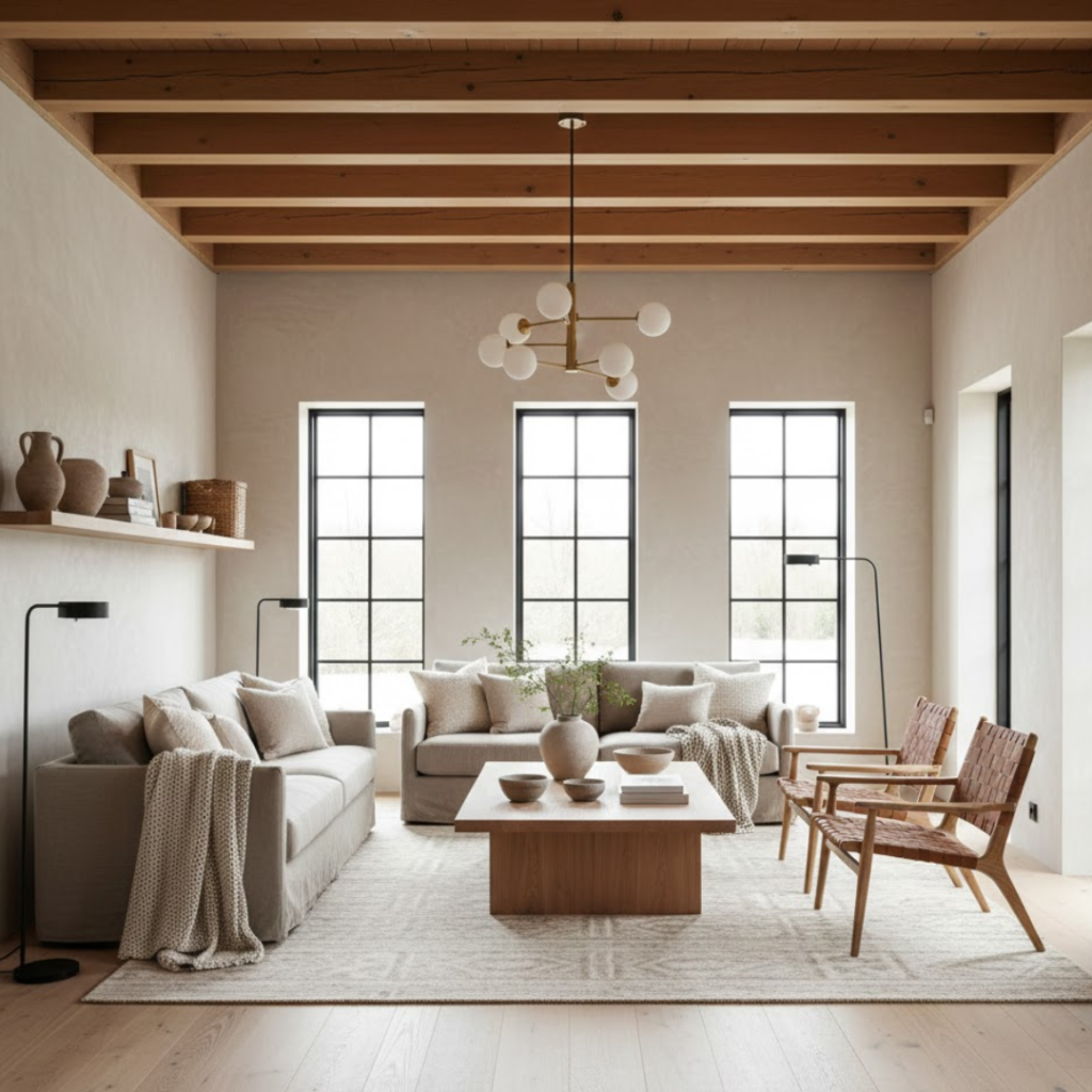 Scandinavian living room decor with wool textiles, ceramic accents, and neutral tones