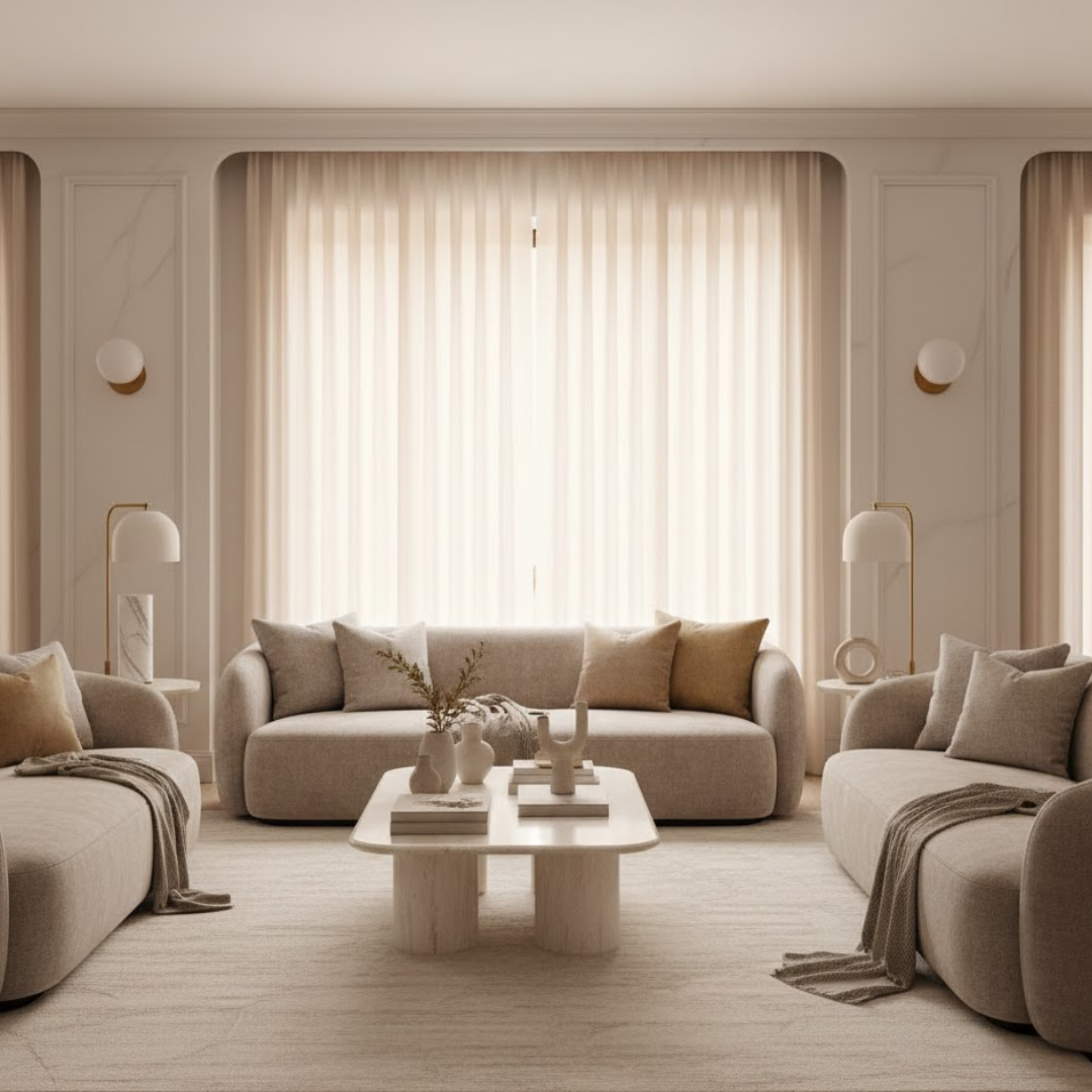 Soft luxury modern classic living room decor with layered textiles, subtle metallic accents, and stone surfaces