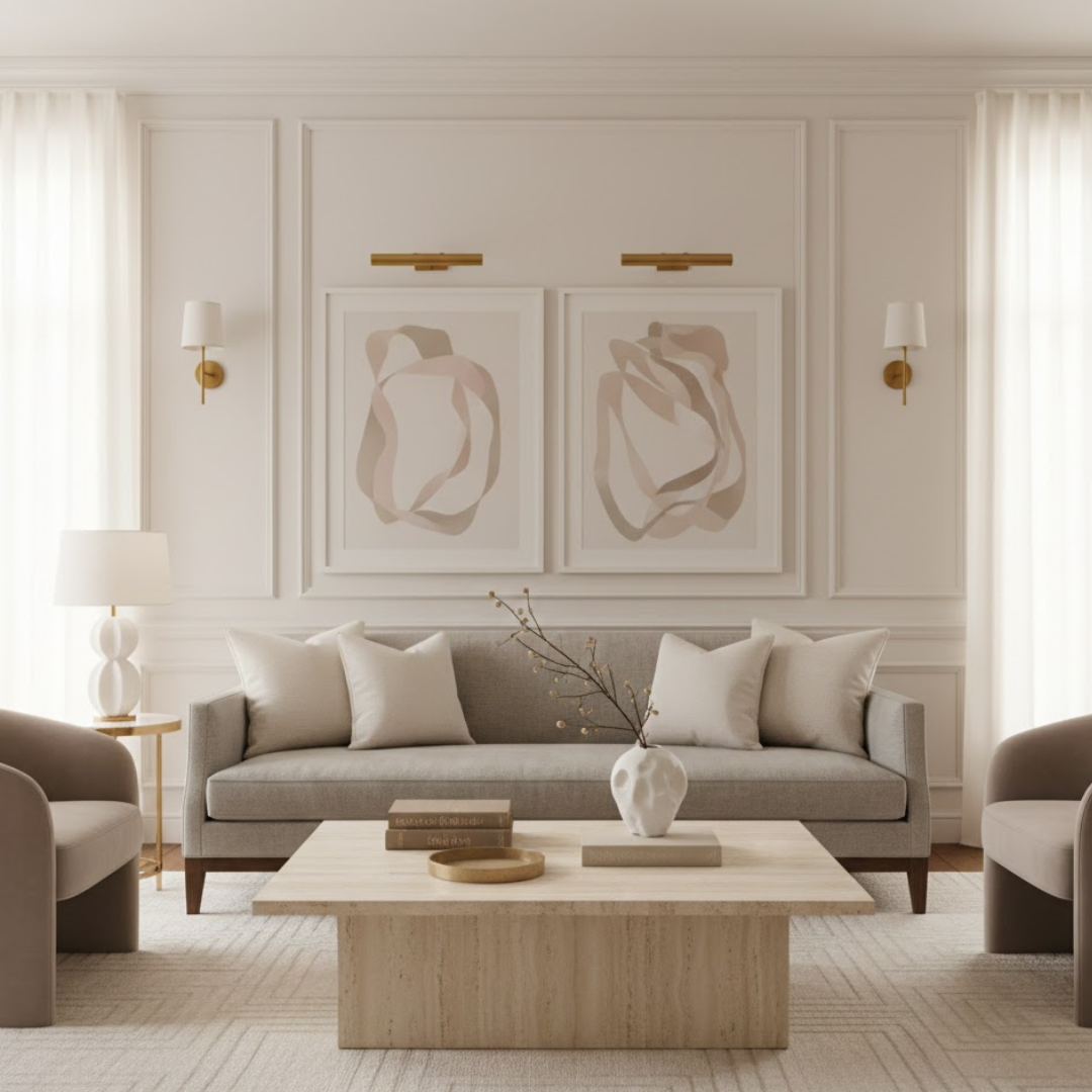 Timeless living room styled with soft lighting, neutral furnishings, and calm atmosphere