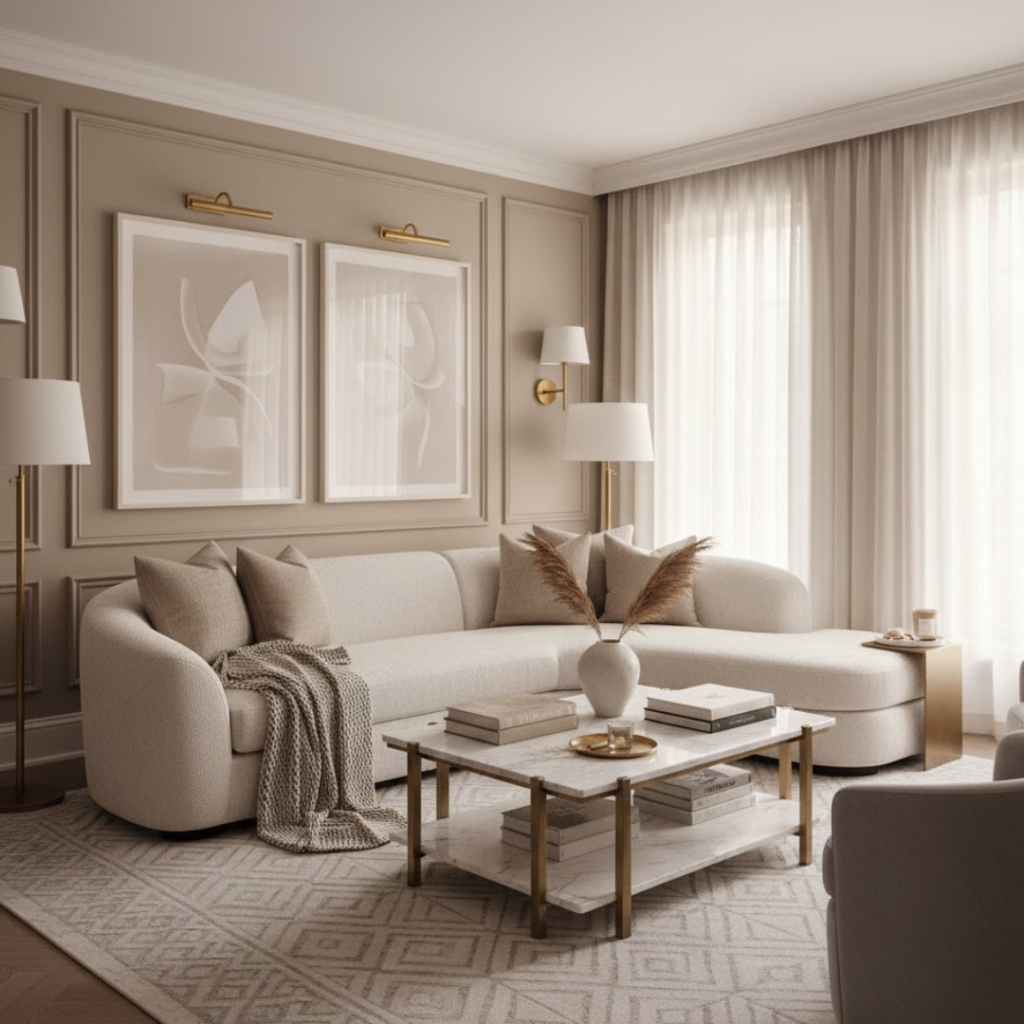 Luxury timeless living room ideas with balanced layout, neutral palette, and classic furnishings
