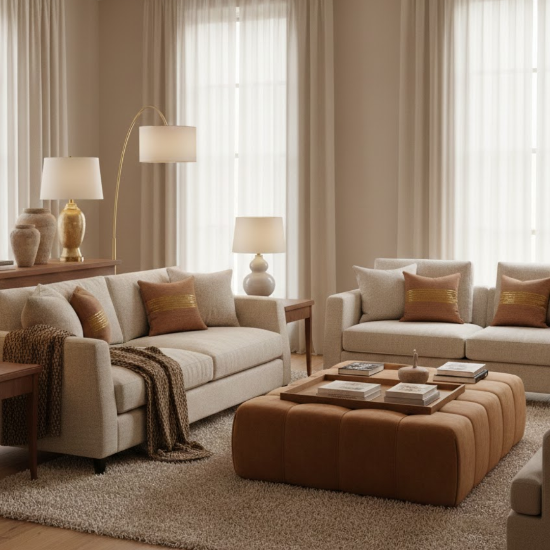Warm modern classic living room colour palette featuring soft neutrals and earthy accent tones