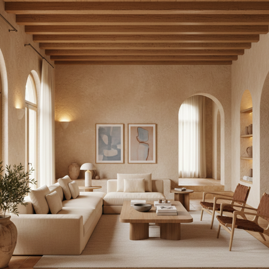 Mediterranean living room with plaster walls, arched details, natural light, and warm neutral furnishings