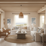 Coastal living room ideas featuring a serene coastal retreat with white walls, linen sofa, light wood furniture, and soft blue accents