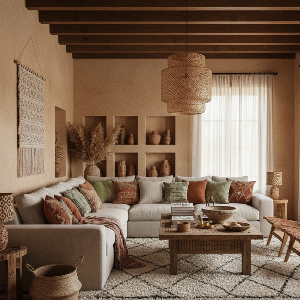 Wide view of a luxury bohemian living room with layered rugs and relaxed seating arrangement.