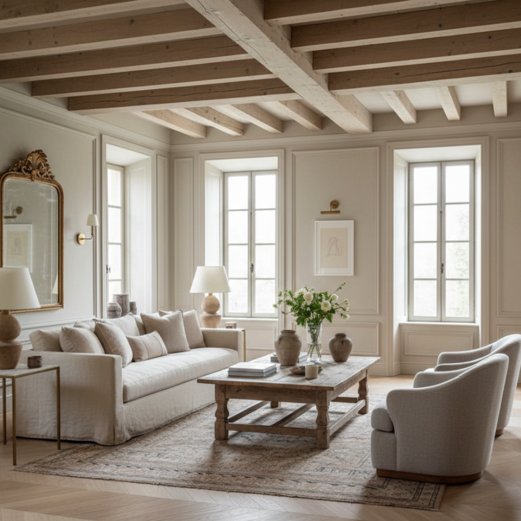 Luxury French country living room with spacious layout, refined architecture, and elegant furnishings.
