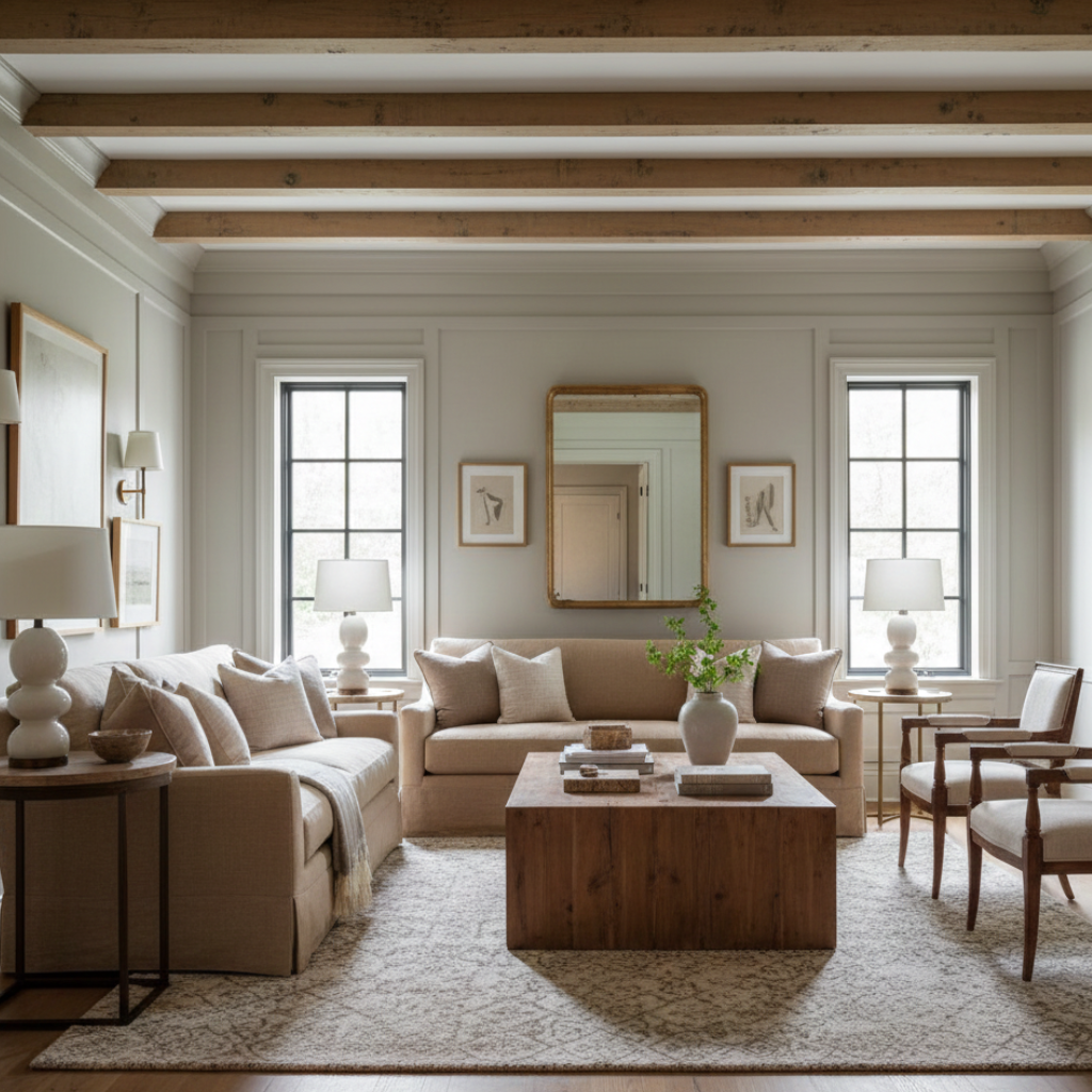 Luxe transitional living room decor with layered textiles, table lamps, and understated accessories