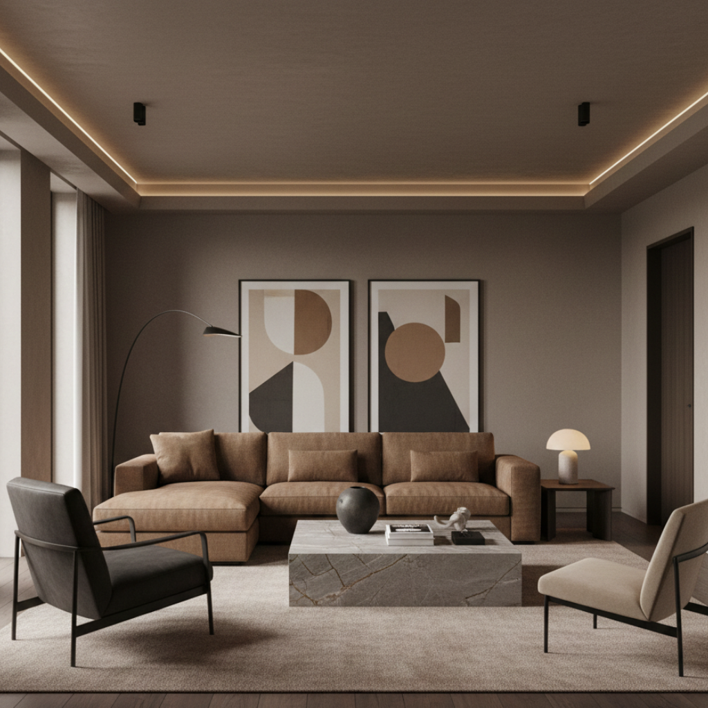 Modern earthy organic living room with soft lighting and natural materials