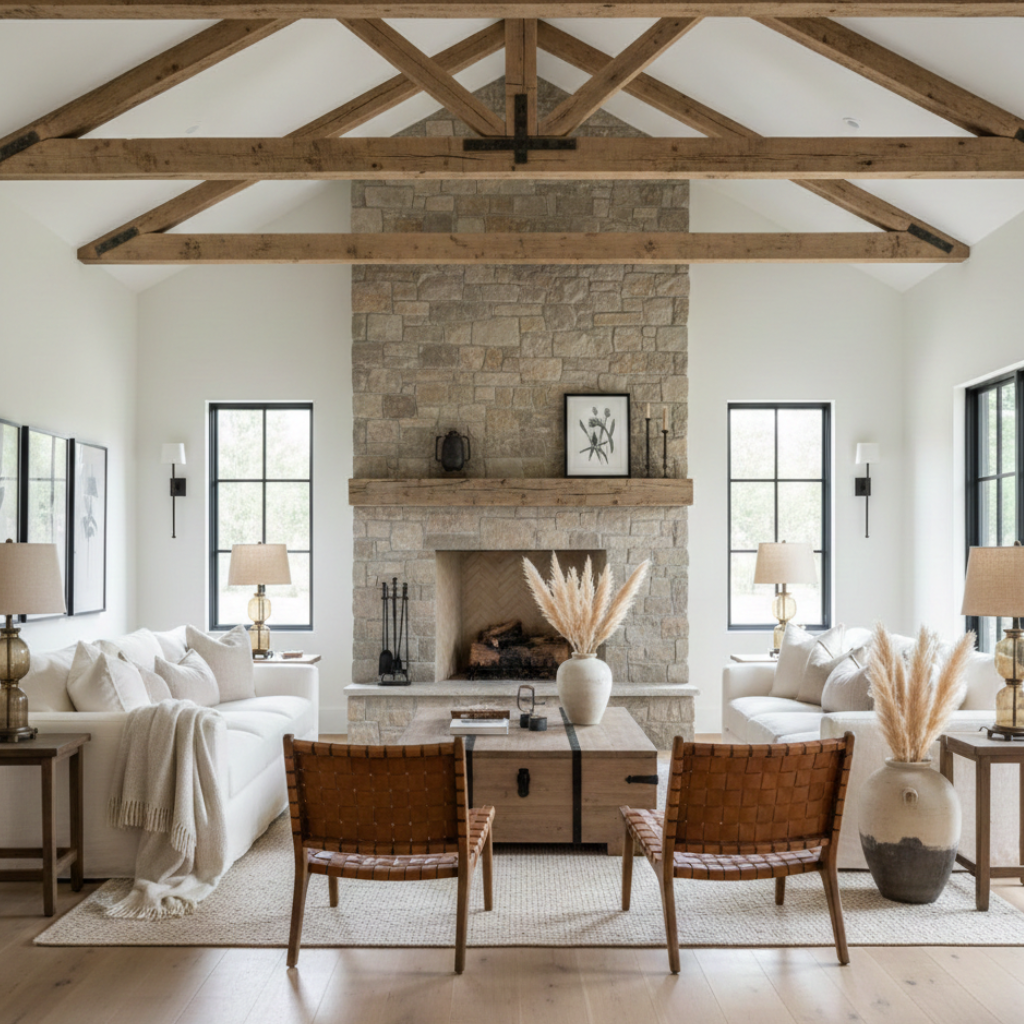 Modern farmhouse living room with exposed beams, stone fireplace, and clean architectural lines