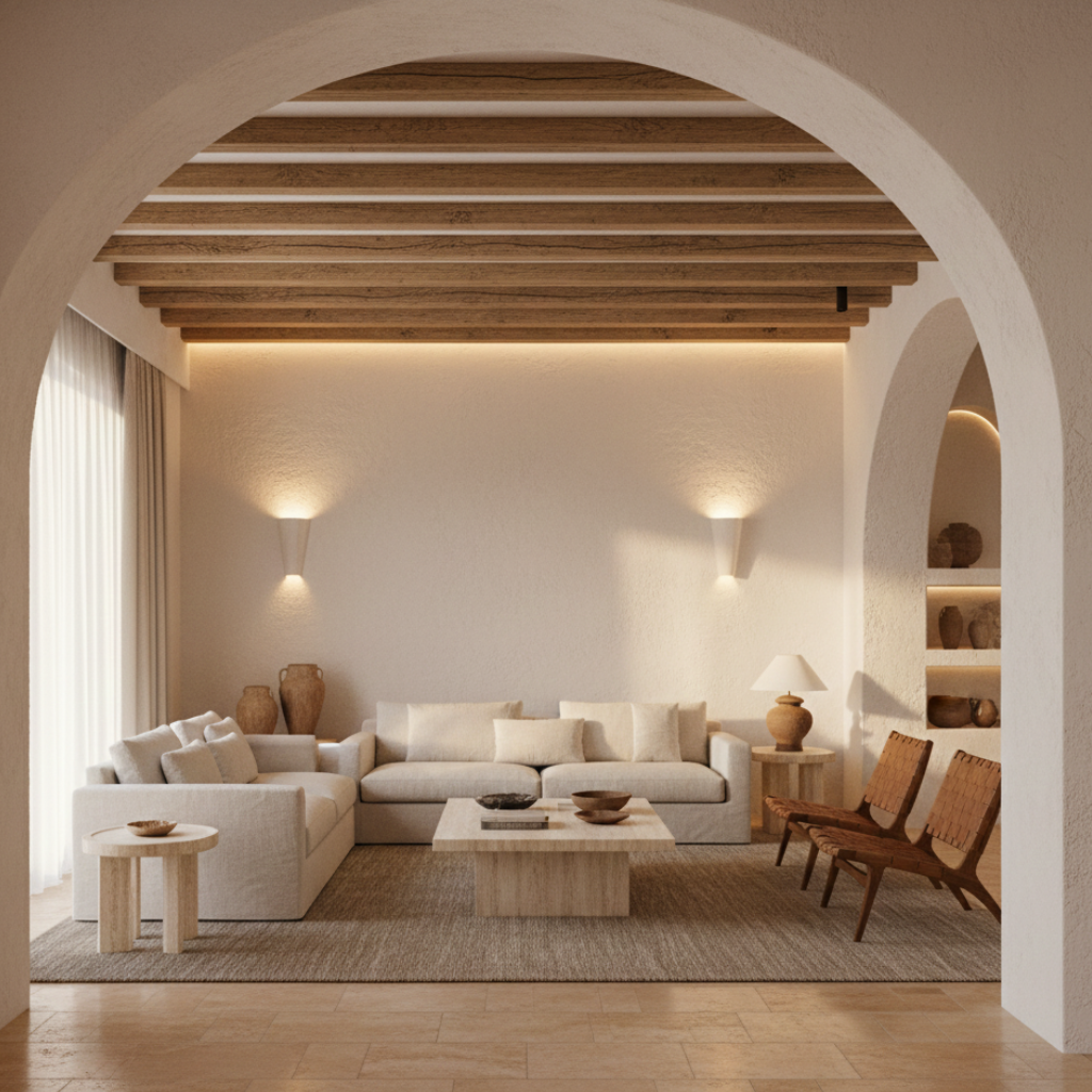 Mediterranean living room color palette featuring terracotta tones, soft neutrals, and sun-washed textures