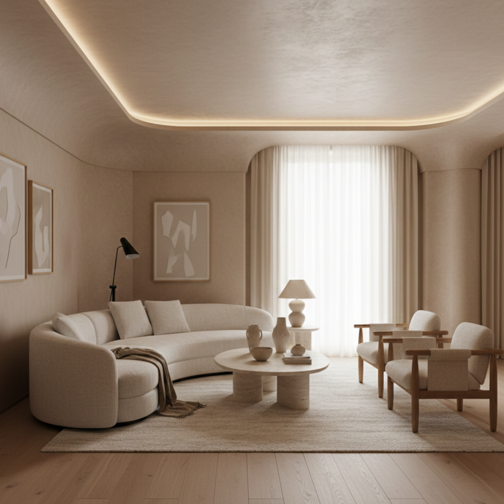 Neutral organic contemporary modern living room palette featuring warm taupe, cream, and muted accents