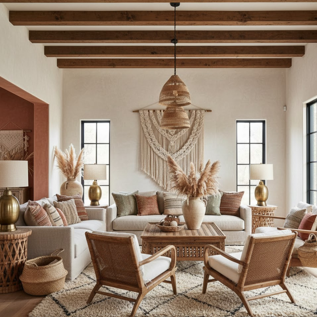 Rustic bohemian living room with relaxed seating, cozy textures, and wooden coffee table.