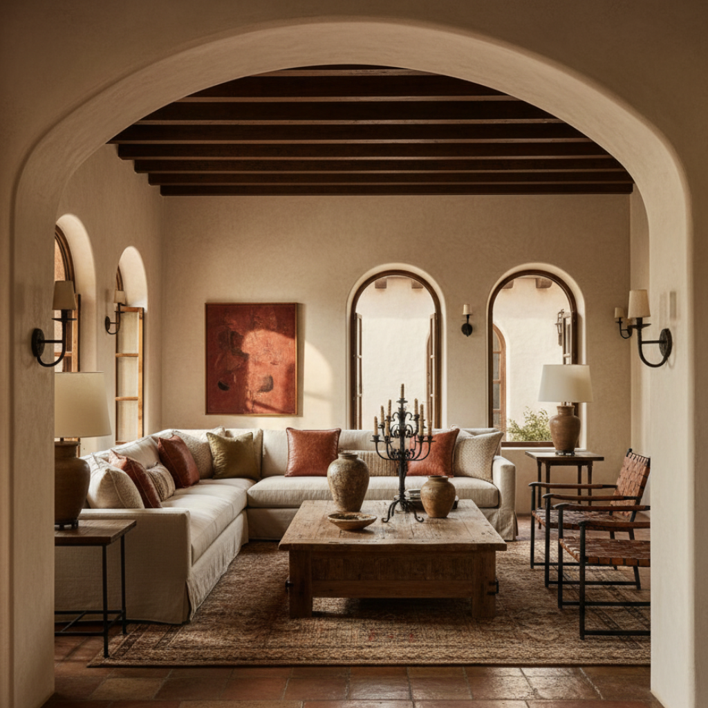 Mediterranean living room furniture with linen sofa, solid wood coffee table, and relaxed seating layout