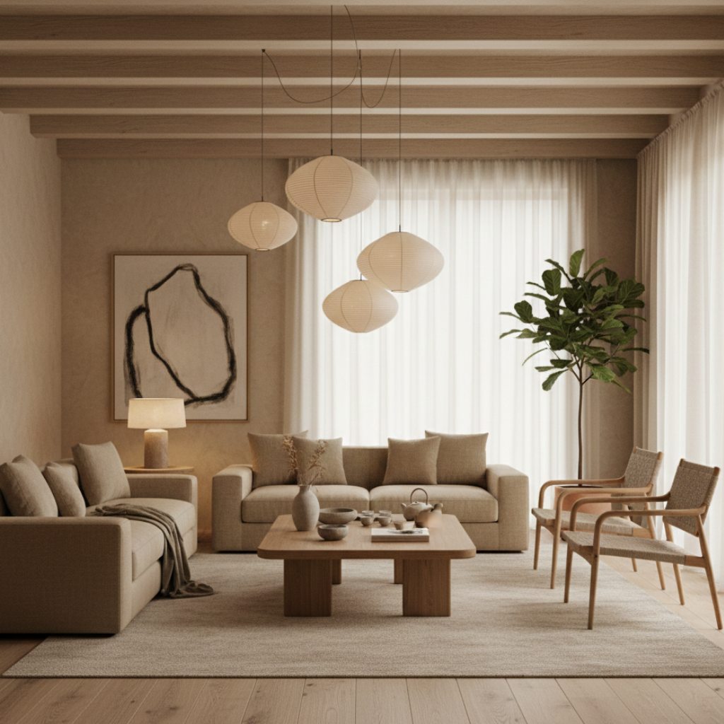 Wabi Sabi Japandi living room colour palette with warm neutrals and restrained minimalist styling