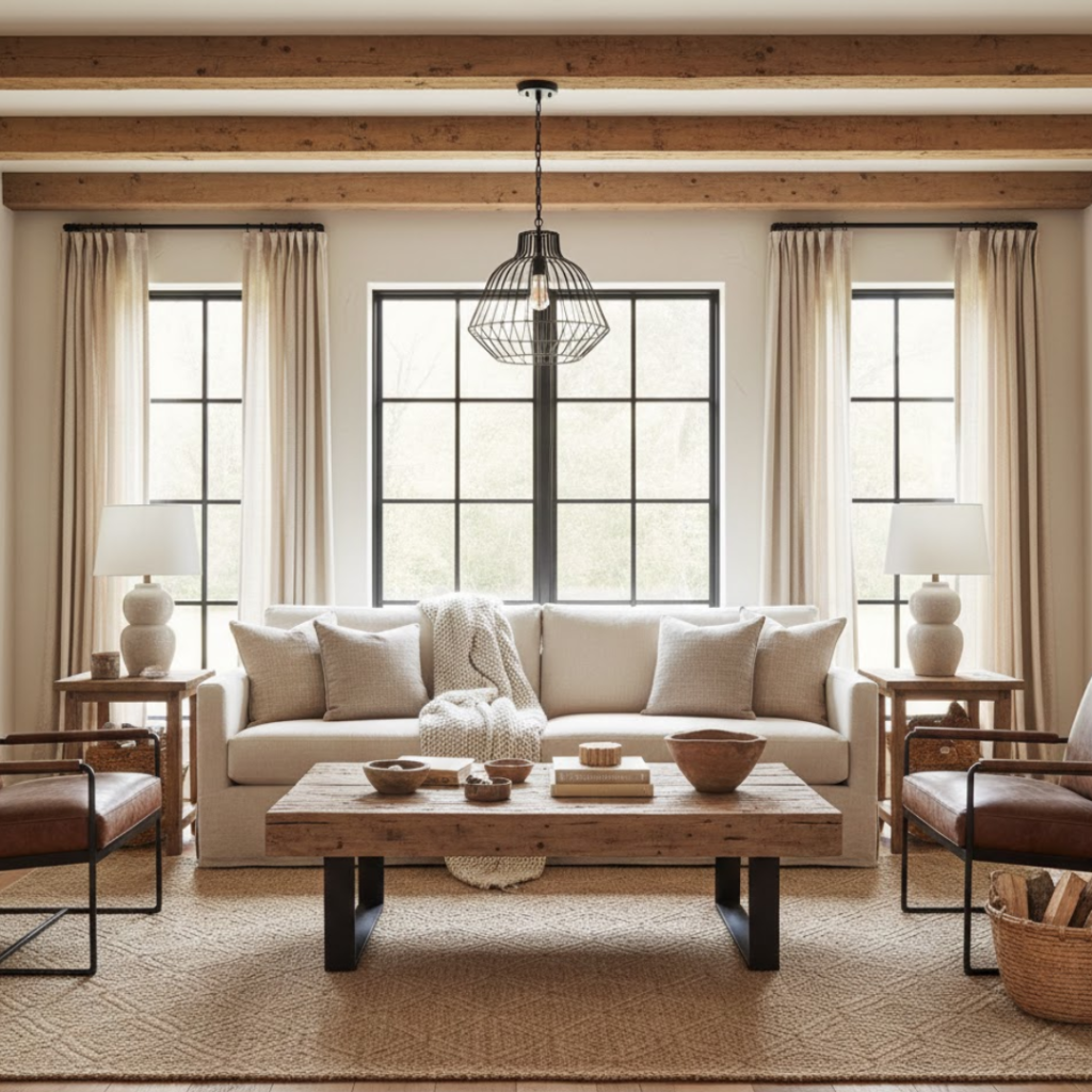 Timeless rustic modern farmhouse living room showcasing natural materials, clean structure, and inviting design