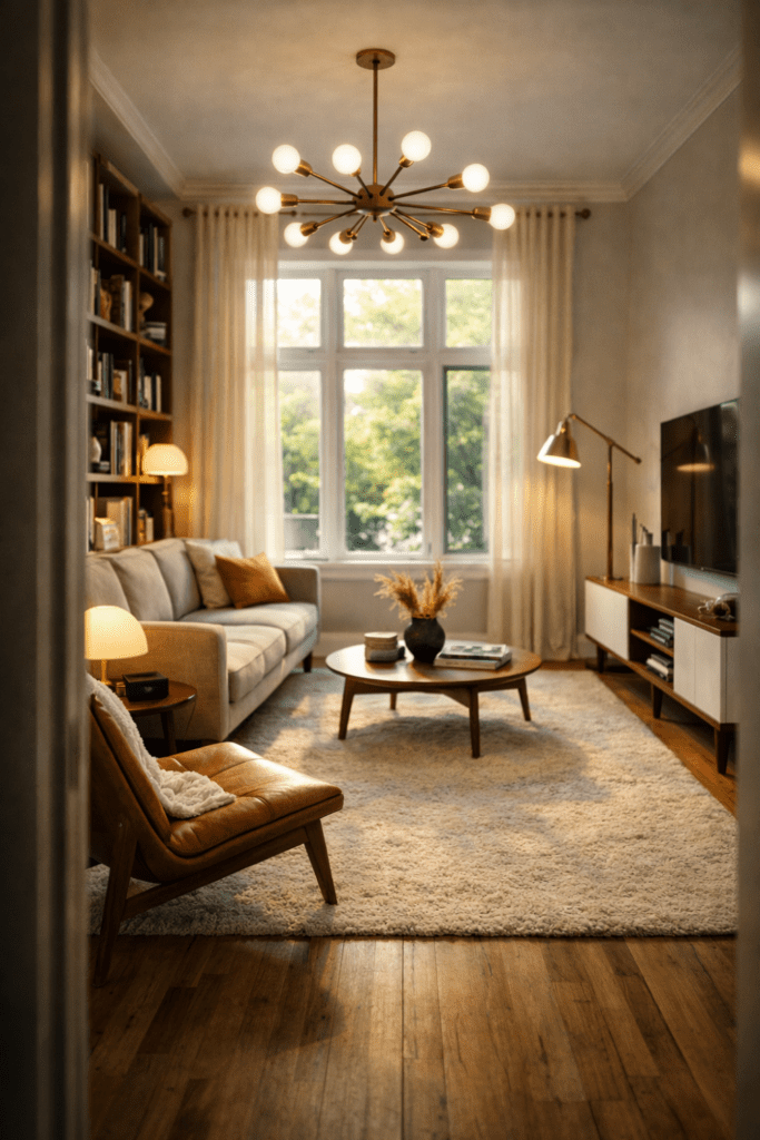 Compact luxury mid-century modern apartment living room with slim sofa, round coffee table, tall bookshelf, and warm wood finishes