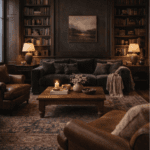 dark academia living room with leather sofa, dark wood furniture, books, and warm brass lighting