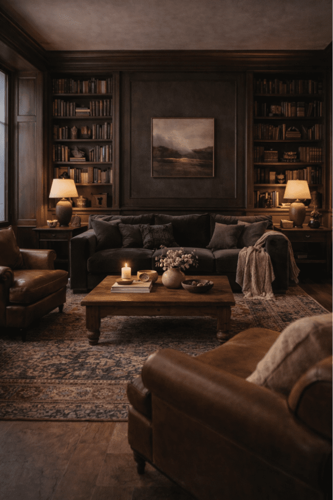 dark academia living room with leather sofa, dark wood furniture, books, and warm brass lighting