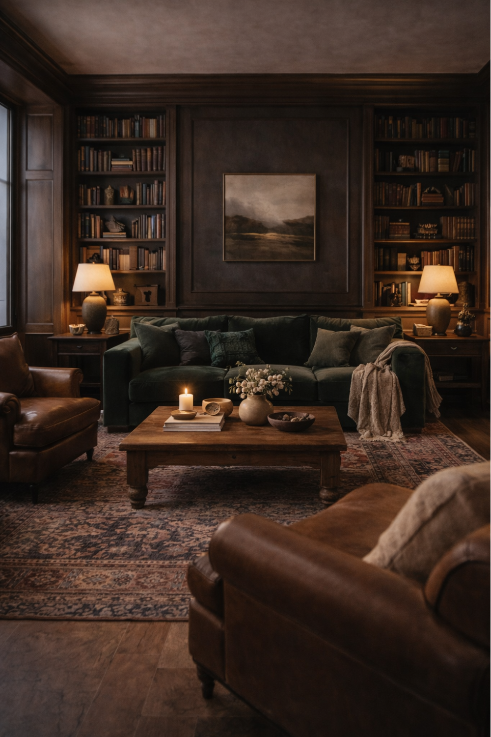 dark academia living room with leather sofa, dark wood furniture, books, and warm brass lighting