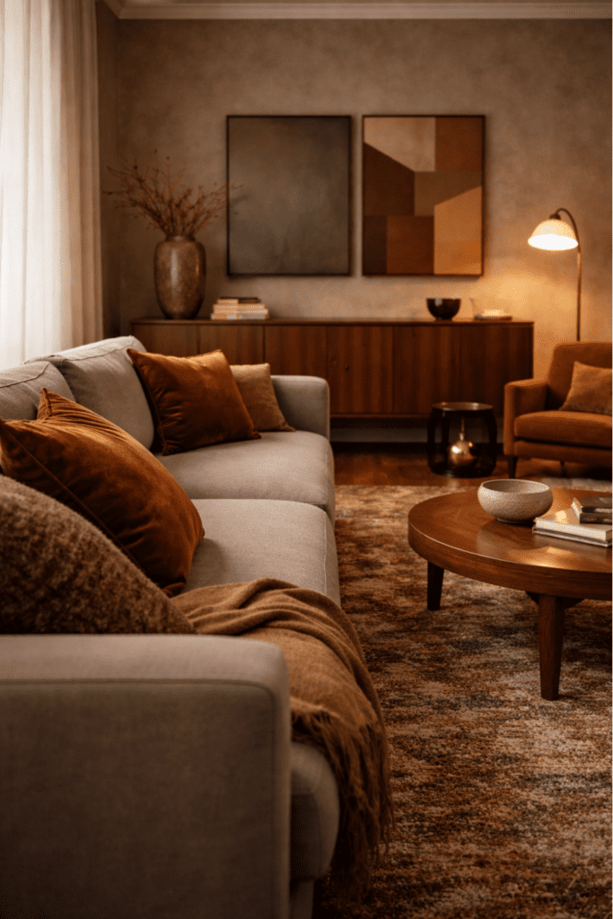 Earth-tone luxury mid-century living room with taupe sofa, rust cushions, walnut sideboard, and vintage-style rug