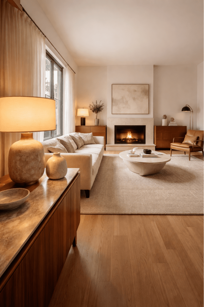 Mid-century modern living room with simple fireplace, long walnut credenza, low sofa, leather chair, and neutral rug