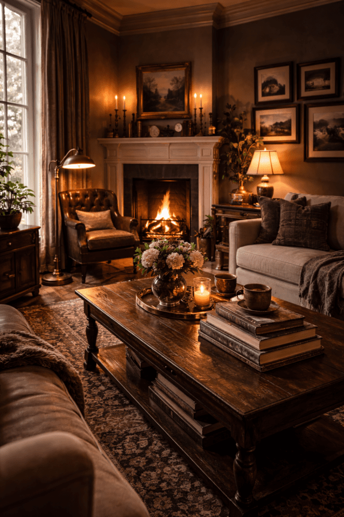 dark academia living room with traditional fireplace, armchairs, and warm lighting creating a cozy reading space