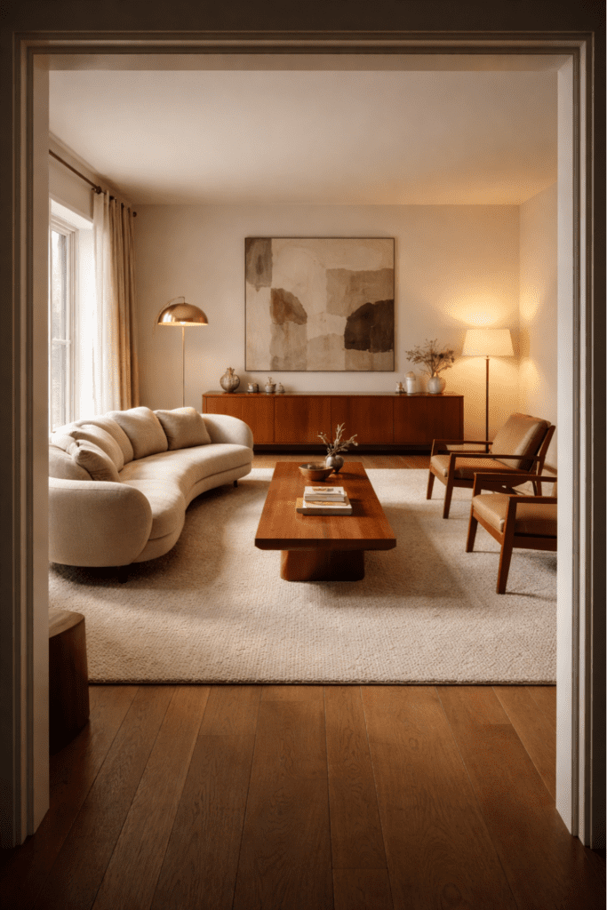 Floating furniture layout in a luxury mid-century modern living room with sofa, lounge chairs, large rug, and walnut credenza