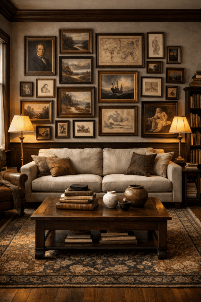 dark academia living room ideas featuring gallery wall of vintage paintings and antique maps above sofa