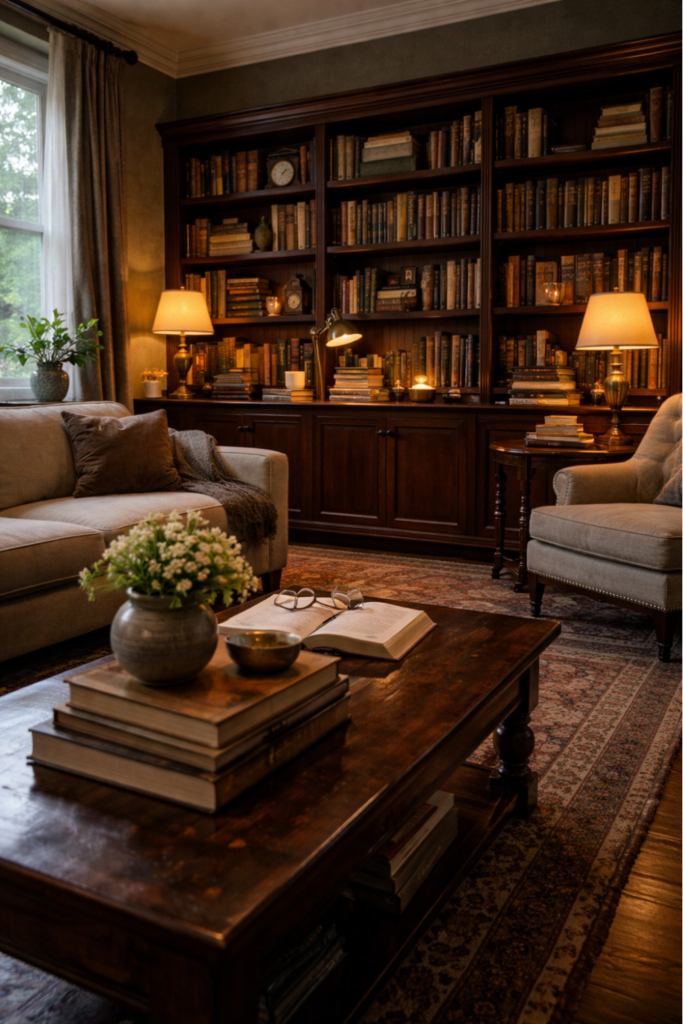dark academia living room idea illuminated by multiple brass lamps creating warm moody lighting
