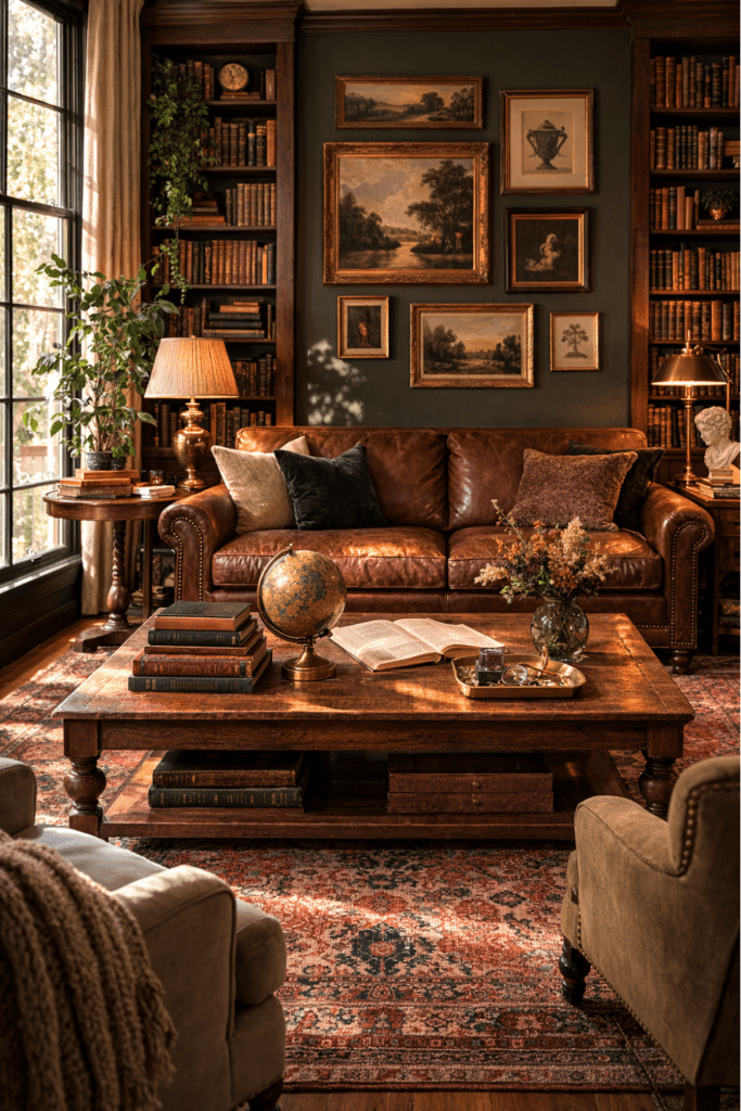 dark academia living room ideas with vintage brown leather sofa, oak coffee table, Persian rug, and brass table lamps
