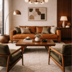 Luxury mid-century modern living room with walnut furniture, cognac leather sofa, cream rug, brass accents, and warm natural light