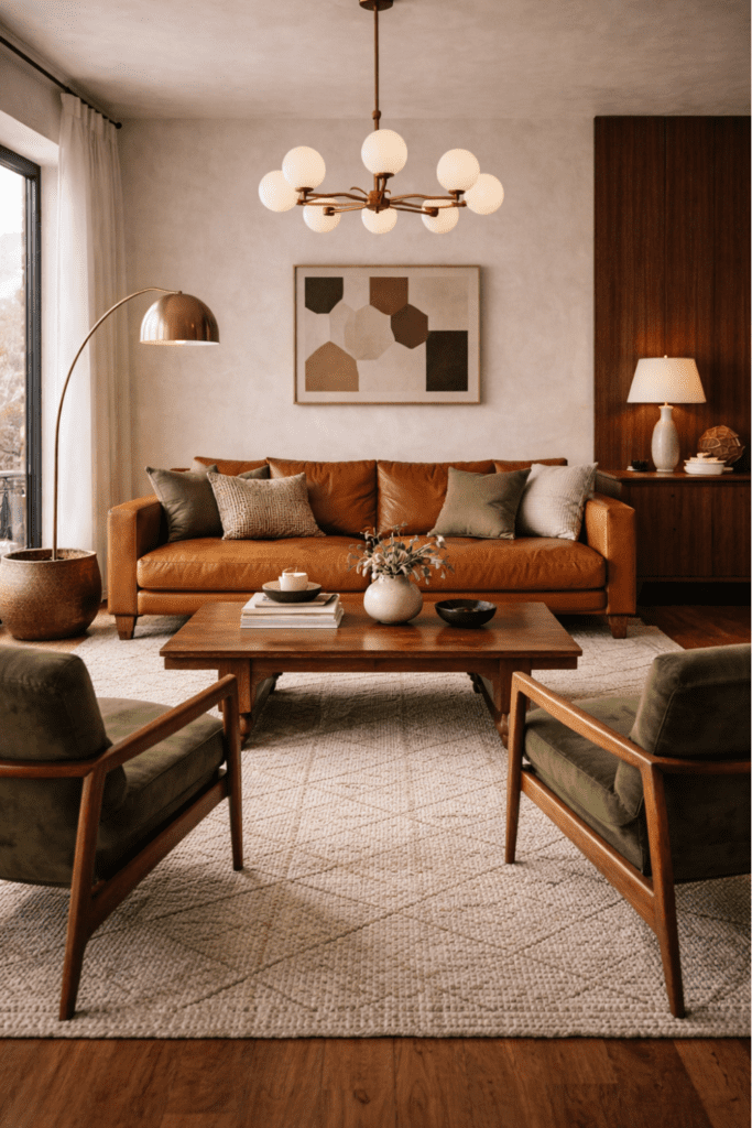 Luxury mid-century modern living room with walnut furniture, cognac leather sofa, cream rug, brass accents, and warm natural light