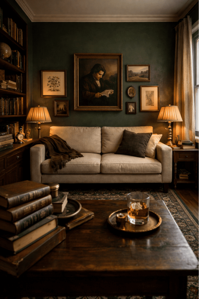 dark academia apartment living room with deep green walls, compact sofa, vintage artwork, and patterned rug
