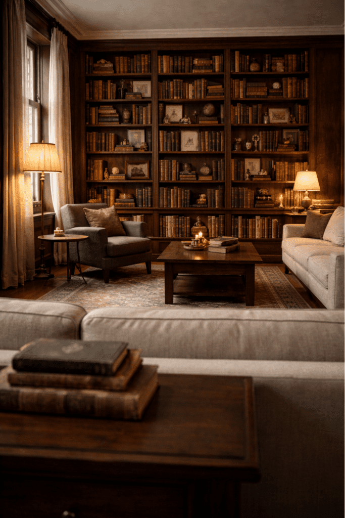 dark academia living room with full wall of dark wood bookshelves filled with books and warm lamplight