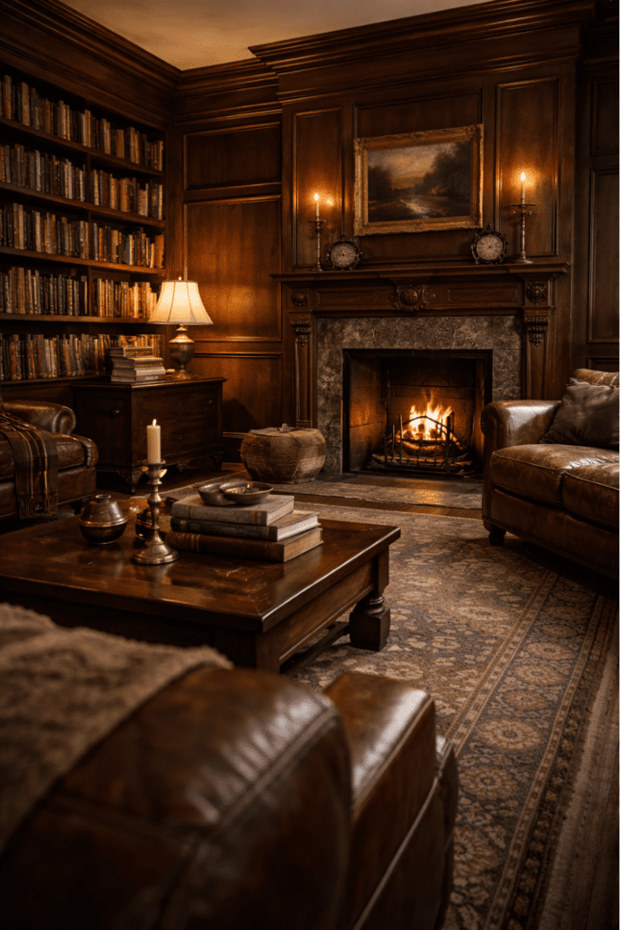 dark academia living room ideas with dark wood wall paneling, leather sofa, and layered rugs creating scholarly atmosphere