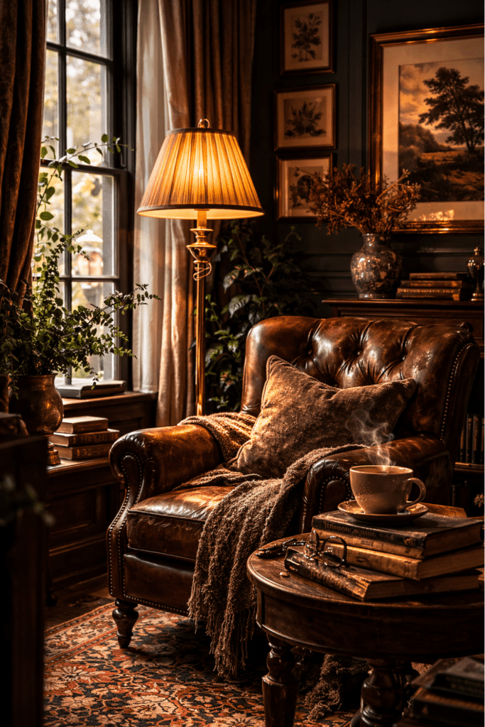 dark academia reading corner with leather armchair, brass floor lamp, and stacked books beside a small wooden table