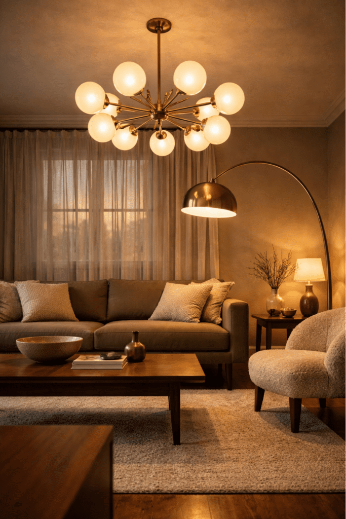 Mid-century modern living room with sculptural chandelier, arched floor lamp, ivory sofa, and warm evening glow