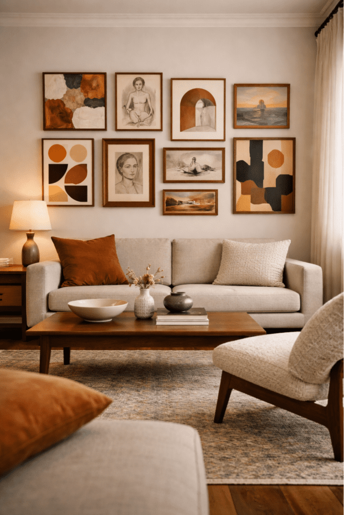 Tailored sofa beneath a warm-toned gallery wall in a luxury mid-century modern living room with walnut furniture and sculptural lamp