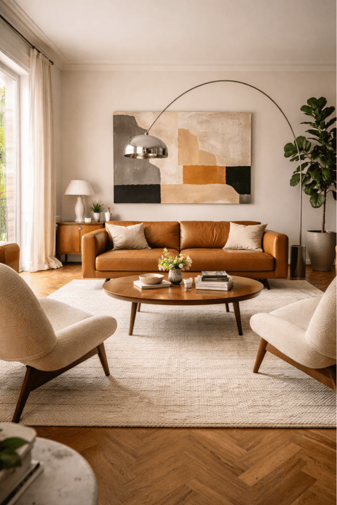 Textured luxury mid-century living room with leather chair, boucle chair, linen sofa, wool rug, and ceramic decor