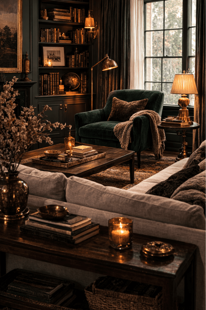 dark academia living room with deep green velvet armchair, dark wood furniture, and layered vintage decor