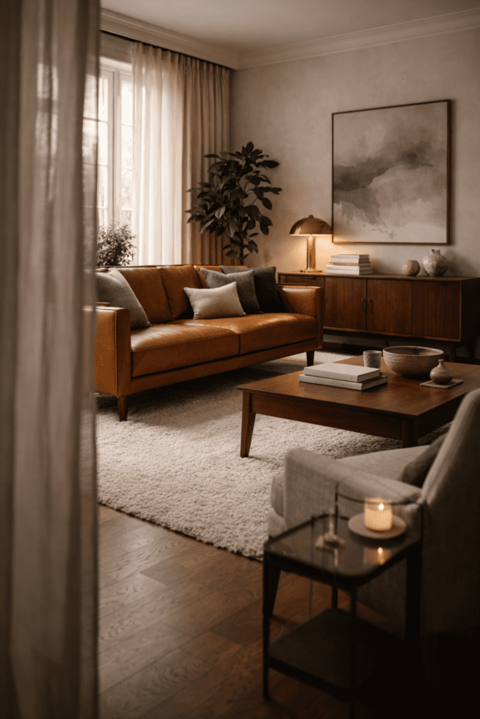 Low-profile cognac leather sofa with walnut legs in a luxury mid-century modern living room with walnut coffee table and cream rug
